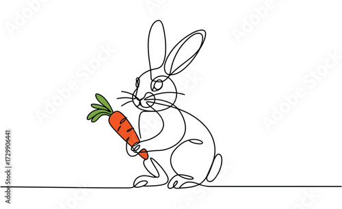Minimalist continuous line drawing of a cute bunny rabbit holding a vibrant orange carrot representing easter spring and healthy eating in a simple artistic style