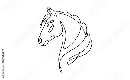 Elegant minimalist continuous line drawing of a horse head in profile showcasing the graceful curves and flowing mane of the animal with a simple black outline on a white background