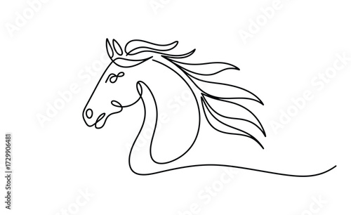 Elegant single line drawing of a horse s head in profile with flowing mane and tail showcasing a minimalist and artistic representation of equine grace and movement