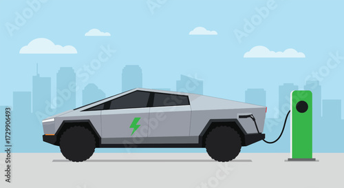 Futuristic electric pickup truck charging at a modern charging station in a city.