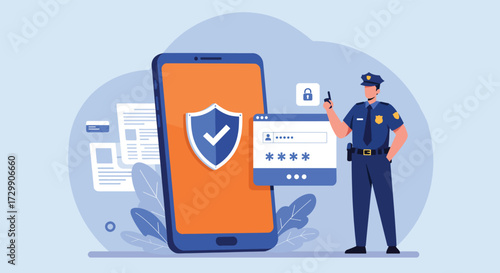 Police Officer Ensuring Digital Security and Data Protection on a Large Smartphone with Shield Icon.