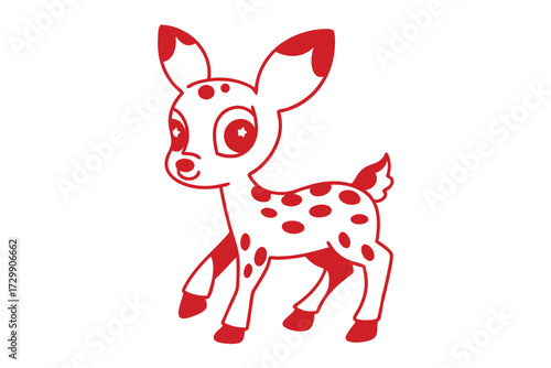 Isolated spotted cartoon fawn gracefully walks forward with simple red and white artistic design