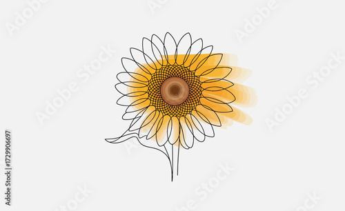 A delicate and artistic watercolor illustration of a vibrant yellow sunflower with thin black outline details against a clean neutral background evoking a sense of natural beauty and simplicity