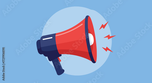 Red Megaphone Emitting Sound Waves on a Blue Background.
