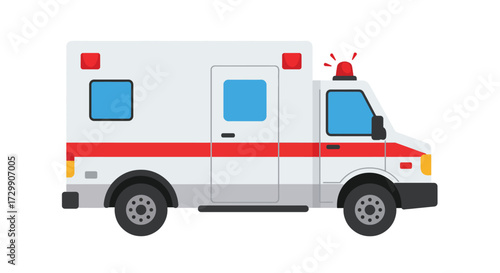 White ambulance with red stripes and flashing lights.