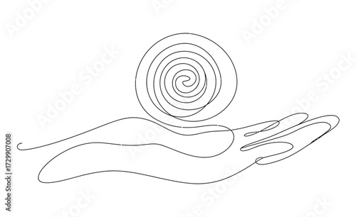 Minimalist line art drawing of an open hand gently holding a swirling spiral symbol representing growth energy or a journey against a clean white background