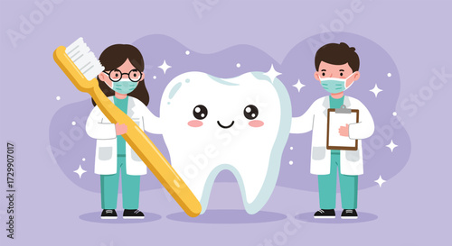 Two dentists with a giant smiling tooth and toothbrush promoting dental hygiene.