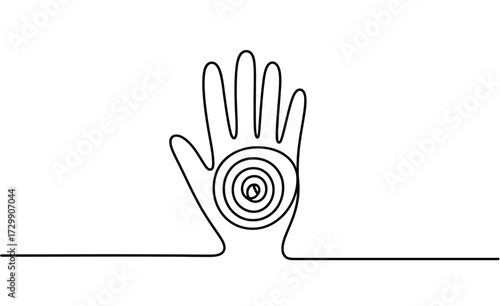 Minimalist continuous line drawing of an open palm with a concentric spiral design on the palm representing energy healing or a focal point of meditation and wellness