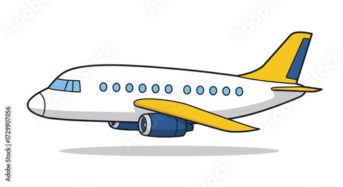 White and Yellow Passenger Airplane Illustration with Blue Engines and Windows.