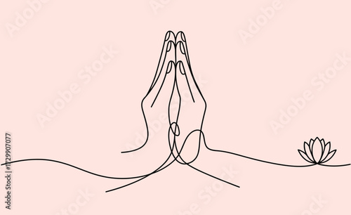 Minimalist continuous line drawing of hands in prayer or namaste gesture with a single lotus flower on a soft blush pink background symbolizing peace and spirituality