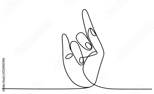 Minimalist single line drawing of a hand making the rock on gesture with thumb and pinky finger extended and index and middle fingers curled inwards against a white background
