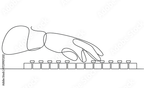 Minimalist continuous line drawing of a gloved hand typing on a keyboard representing technology work and digital communication in a clean modern style