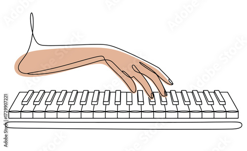 Minimalist continuous line drawing of a human hand playing a keyboard with subtle skin tone color accent representing music creation and digital artistry