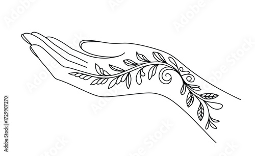 Delicate line drawing of an open hand with a flowing vine and leaves gracefully adorning the palm and fingers symbolizing growth and nature