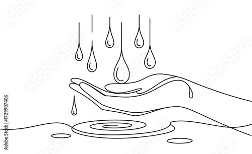Minimalist line art illustration of water droplets falling into a cupped hand creating ripples on a surface symbolizing care purity and refreshment
