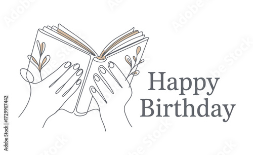 A hand drawn sketch of an open book with leaves and branches emerging from its pages accompanied by the text happy birthday perfect for a literary or nature themed celebration card