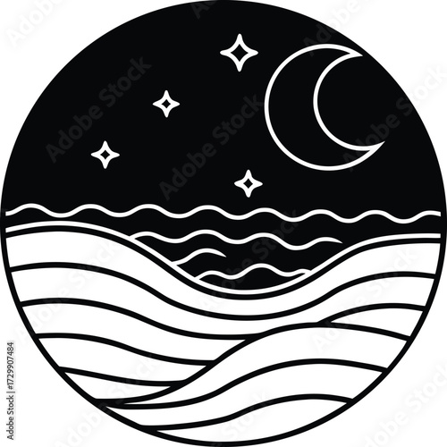 ocean waves glistening under moonlight line art on transparent background
