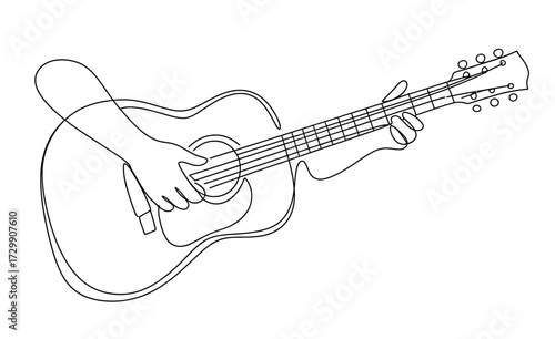 A minimalist continuous line drawing of an acoustic guitar with a hand strumming the strings conveying the essence of music and creativity in a simple artistic style