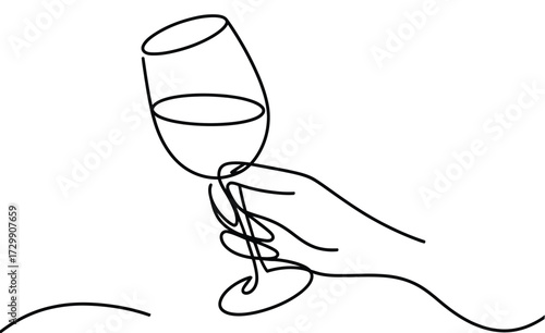 Elegant single line drawing of a hand holding a champagne flute filled with bubbly wine perfect for celebrations toasts and sophisticated events