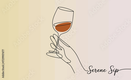Elegant single line drawing of a delicate hand holding a wine glass filled with amber liquid symbolizing relaxation and sophisticated enjoyment