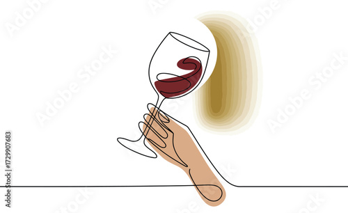 Elegant single line drawing of a hand holding a wine glass filled with swirling red wine perfect for celebrations tasting and sophisticated beverage concepts