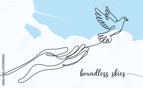 Continuous line drawing of a hand releasing a dove into a boundless sky with soft clouds and sun rays symbolizing hope freedom and peace