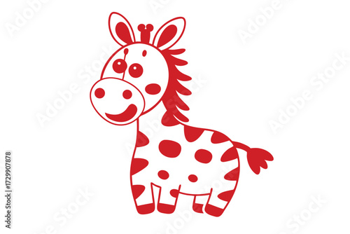 Playful cartoon style giraffe with red spots smiles gently on a white background
