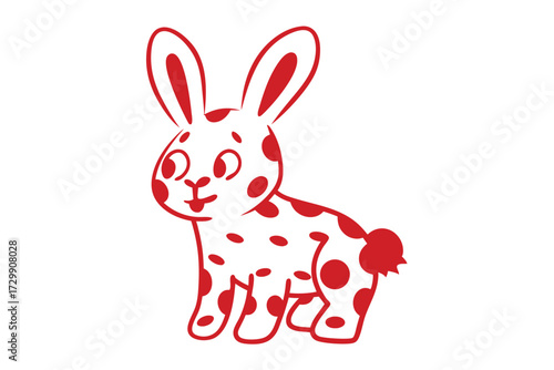 Playful rabbit with red polka dots poses cheerfully on a clean white background