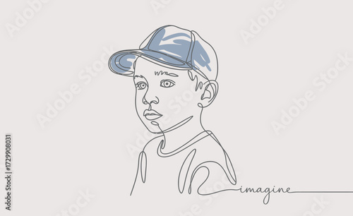 A minimalist single line drawing of a young boy wearing a baseball cap his face turned slightly to the side with a subtle watercolor wash and the word imagine written in script