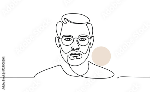 Modern man with beard and glasses depicted in a continuous line drawing style showcasing a minimalist and artistic portrait with an abstract element