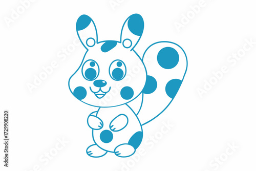 Playful cartoon squirrel is standing with a smile and blue spots against a white background