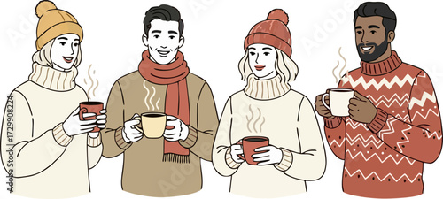 Characters with hot drinks. Winter happiness, autumn tea or coffee drink. Cold treatment, people wearing sweater drinking beverages utter vector set
