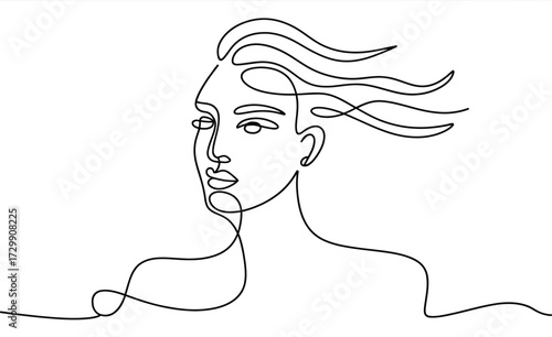 Minimalist continuous line drawing of a woman s face and shoulders with flowing hair conveying emotion and elegance in a simple artistic style