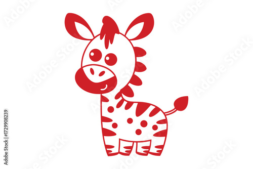 Playful red cartoon zebra with spots and stripes smiles cheerfully on a white background