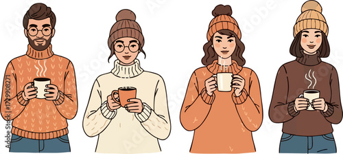 Characters with hot drinks. Winter happiness, autumn tea or coffee drink. Cold treatment, people wearing sweater drinking beverages utter vector set