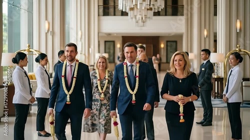 Welcoming Guests: Garland Ceremony in a Luxurious Hotel Lobby