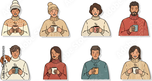 Characters with hot drinks. Winter happiness, autumn tea or coffee drink. Cold treatment, people wearing sweater drinking beverages utter vector set