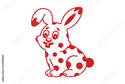Red cartoon bunny with polka dots sits upright and looks happy against white background