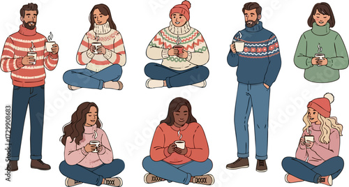 Characters with hot drinks. Winter happiness, autumn tea or coffee drink. Cold treatment, people wearing sweater drinking beverages utter vector set