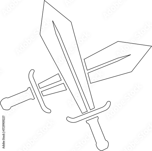 Crossing swords and battle axe collection. Ancient weapon icons. Flat black icon designs of various swords featuring distinct hilt shapes and blades in a minimalist simple blade design.