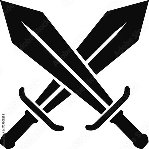 Crossing swords and battle axe collection. Ancient weapon icons. Flat black icon designs of various swords featuring distinct hilt shapes and blades in a minimalist simple blade design.