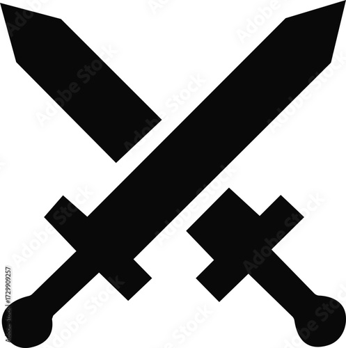 Crossing swords and battle axe collection. Ancient weapon icons. Flat black icon designs of various swords featuring distinct hilt shapes and blades in a minimalist simple blade design.