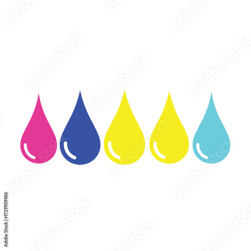 Five colorful ink drops representing different printing colors for vibrant images.