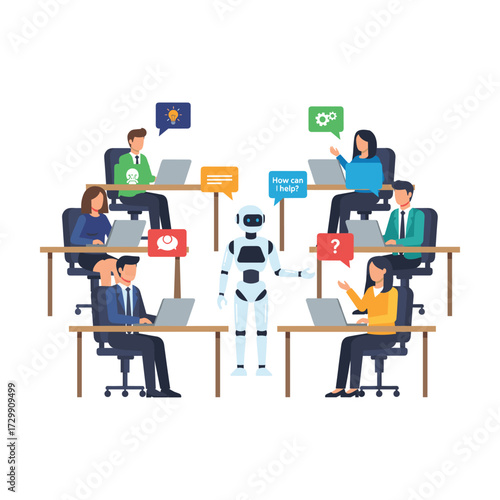 Robot assistant helping diverse team collaborate on laptops in modern office setting