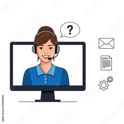 Customer service representative with headset on computer screen, asking a question