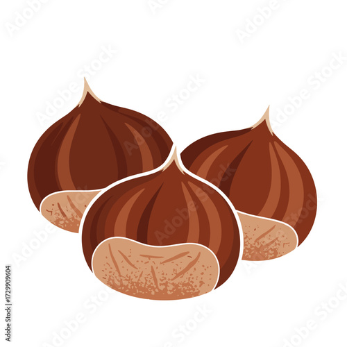 A cluster of three brown edible chestnuts with a lighter tan base on a white background.