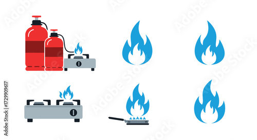 Collection of gas stove and cooking flame illustrations for various uses.
