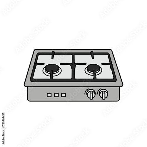 A compact two-burner gas stove with control knobs and ventilation slots on the front panel.