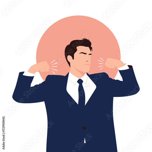 A confident businessman flexing his muscles showing his strength and determination to succeed in his career.