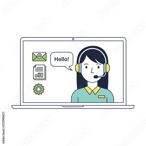 Customer service representative with headset on laptop screen, offering support and communication.